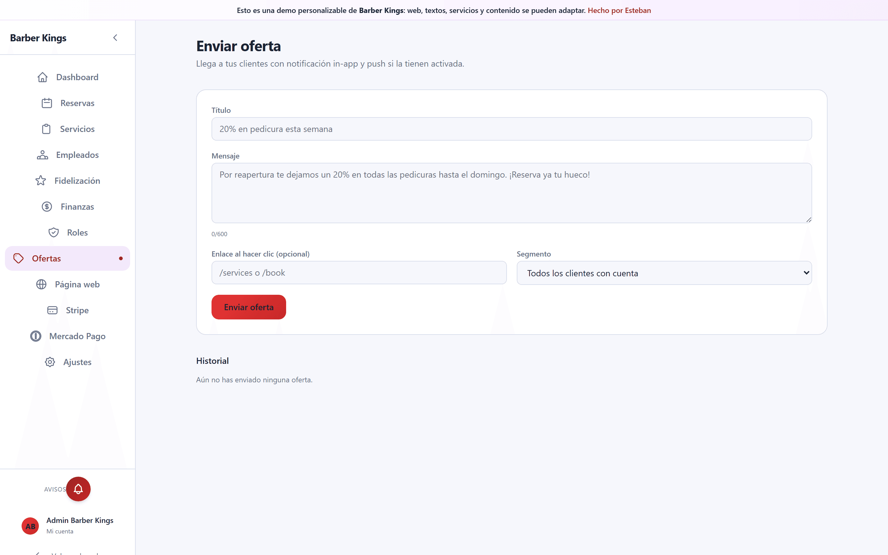 Ofertas y promos vigentes editables.