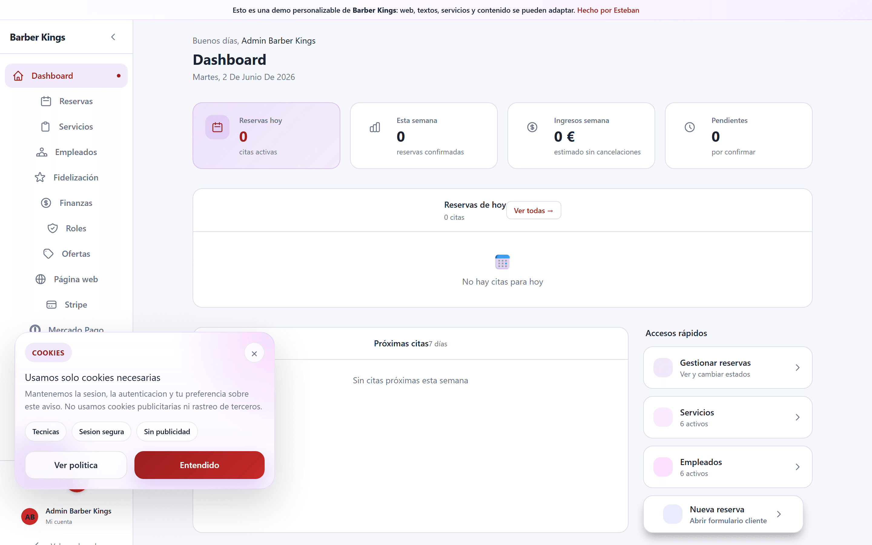 Dashboard admin: reservas hoy, semana, ingresos, pendientes y accesos rápidos.