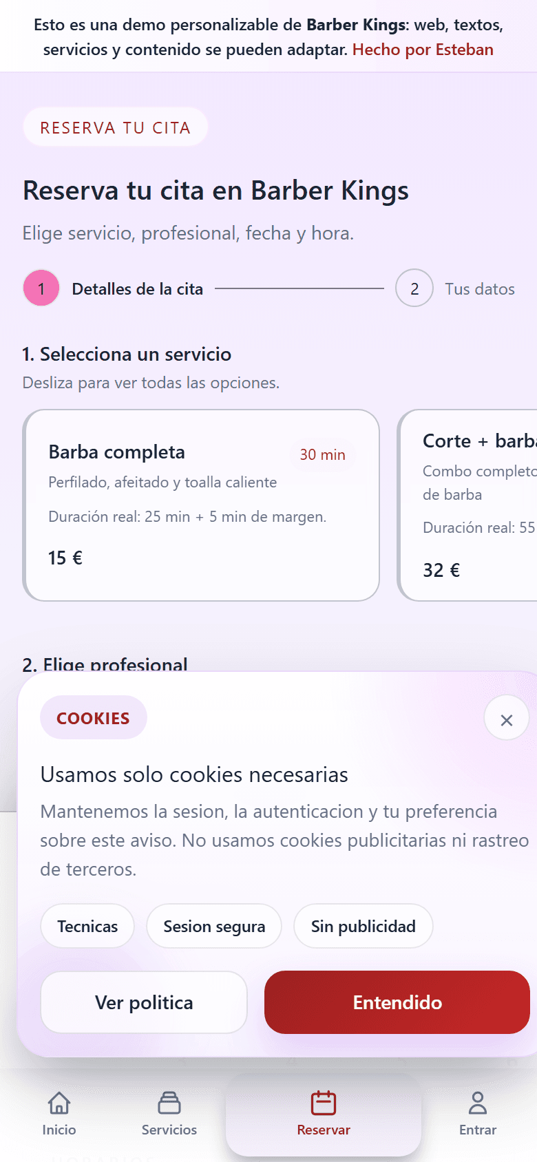 Mobile: reserva guiada con navegación inferior tipo app.