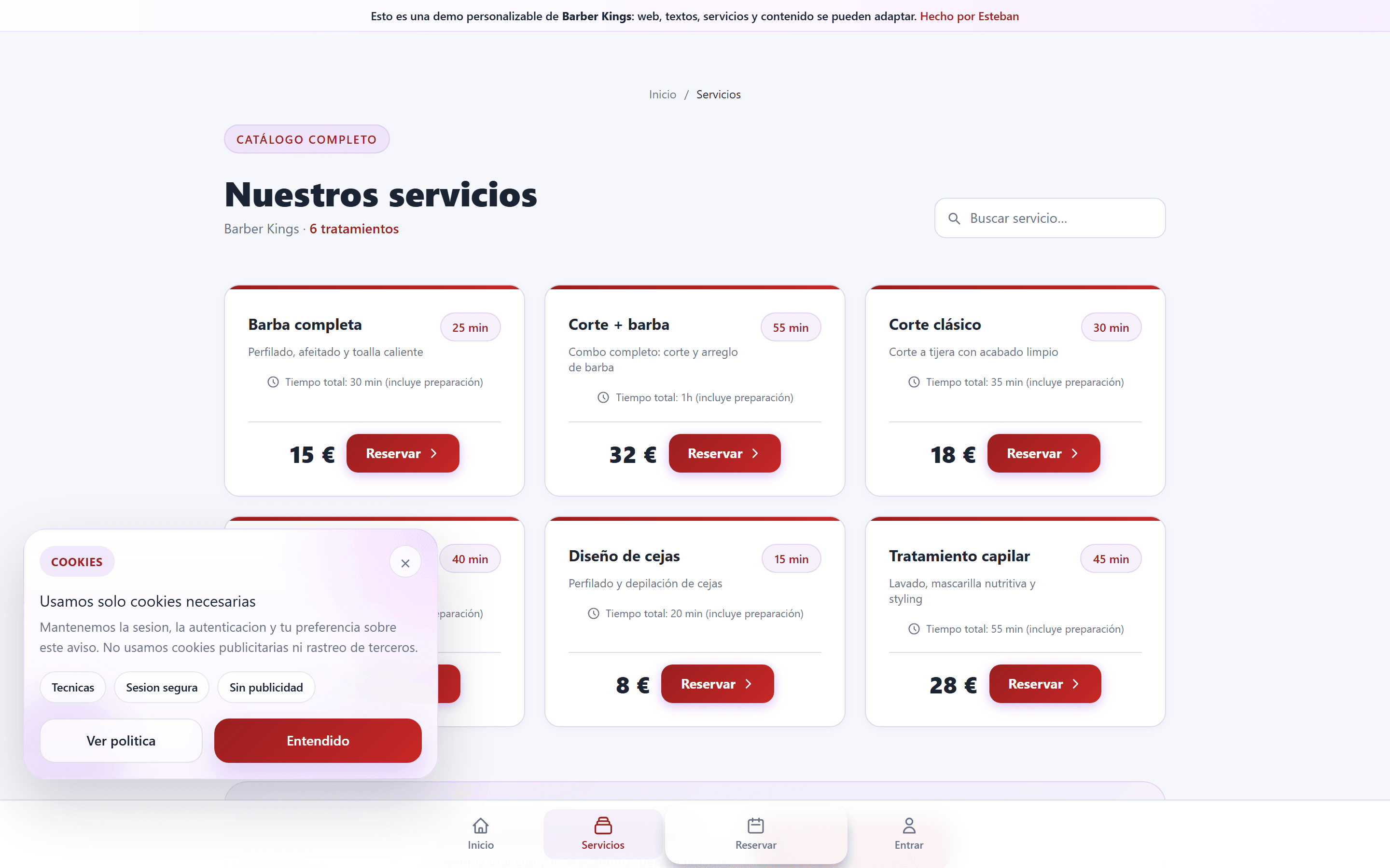 Catálogo de servicios con duración, precio y foto.