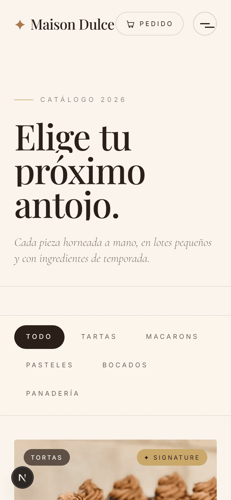 Catálogo mobile con filtros horizontales.