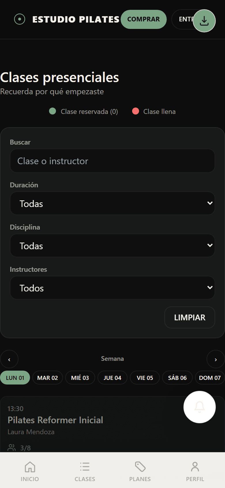 Calendario mobile: reservar en 2 toques.
