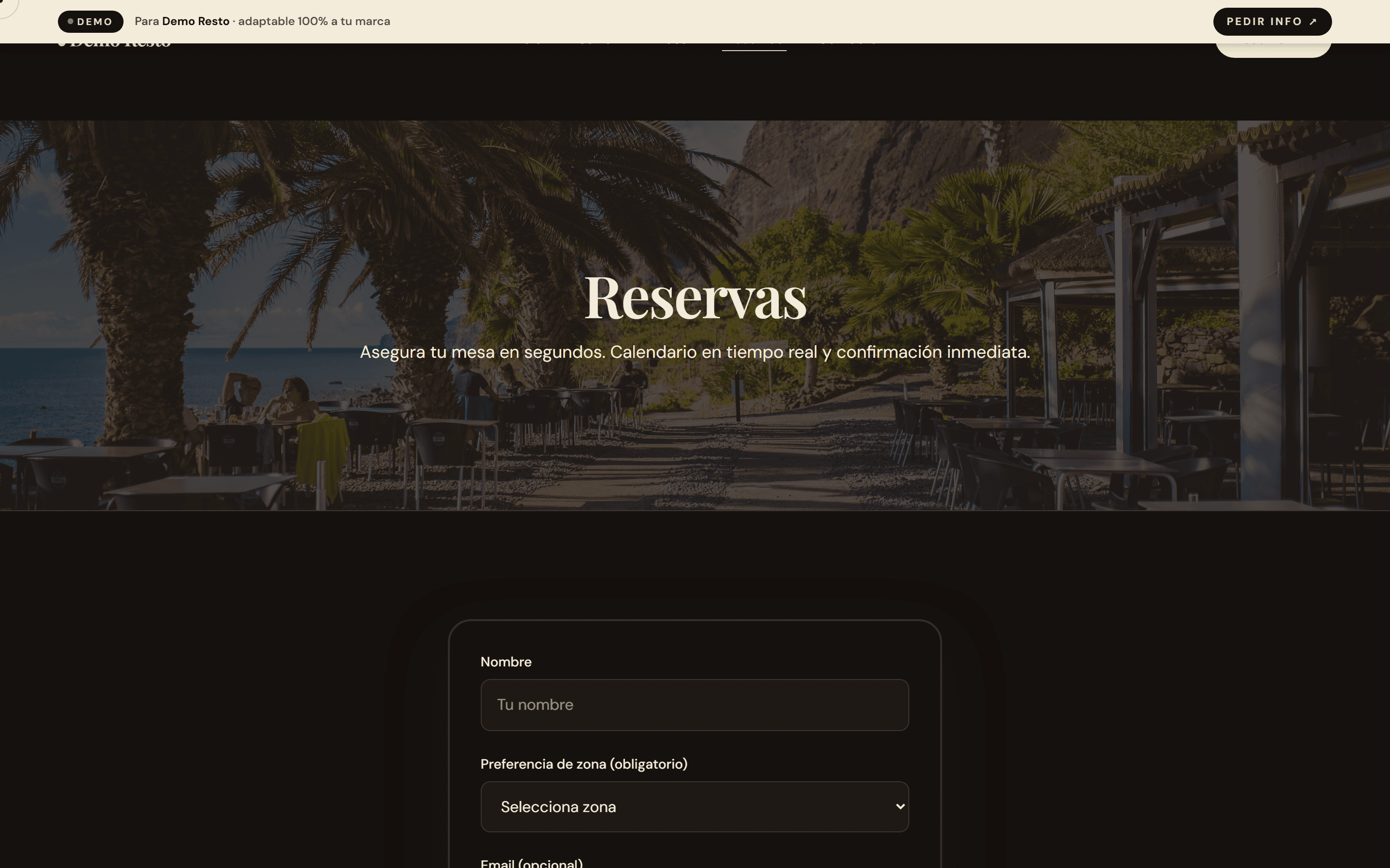 Formulario de reserva con preferencia de zona.