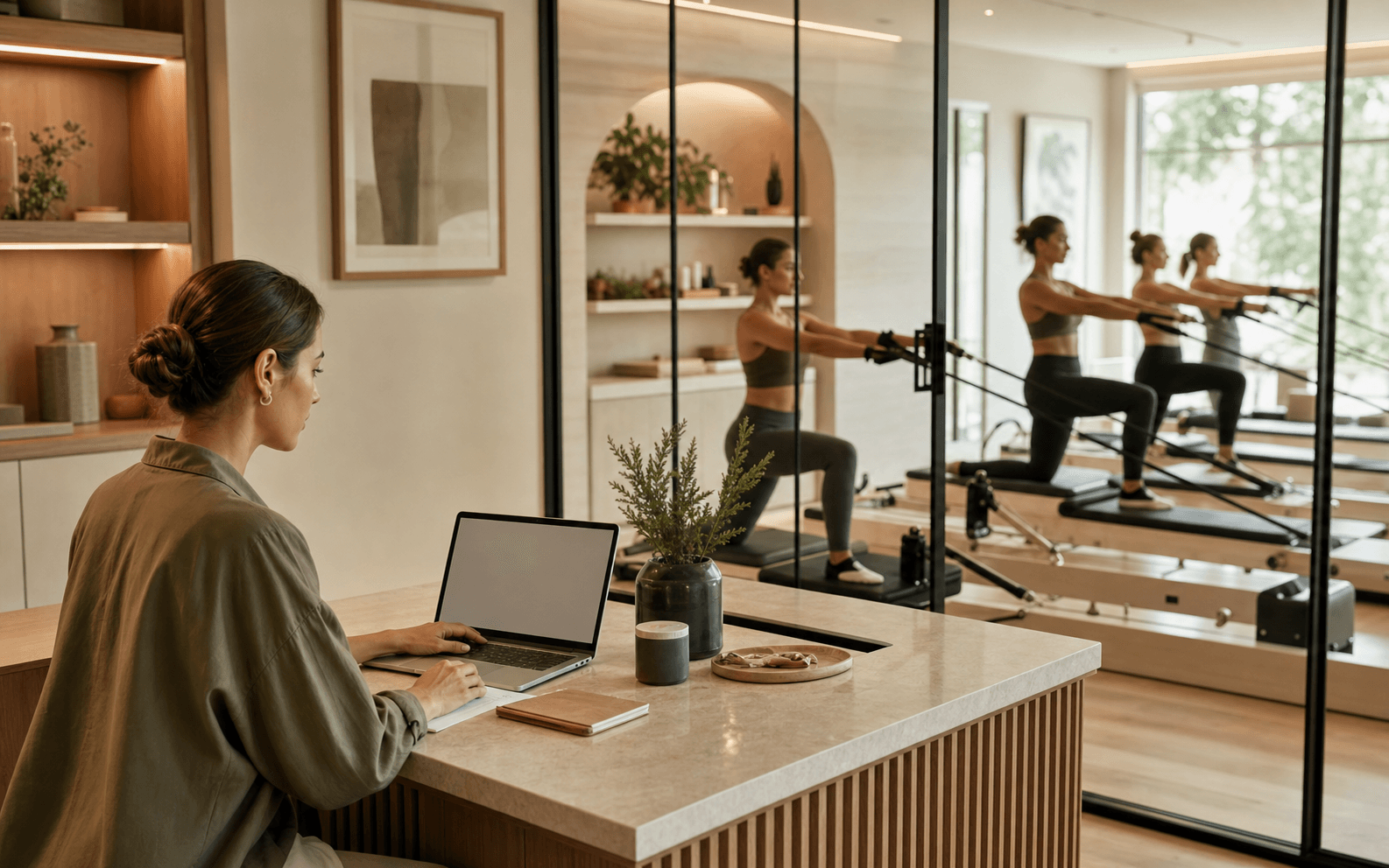 Responsable de un estudio gestionando reservas mientras se imparte una clase de Pilates Reformer