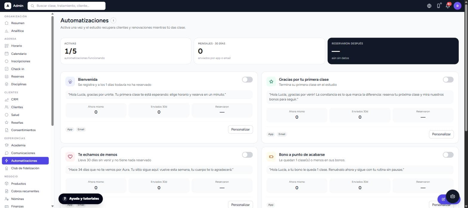 Automatizaciones de bienvenida, primera clase y te echamos de menos en el panel del estudio