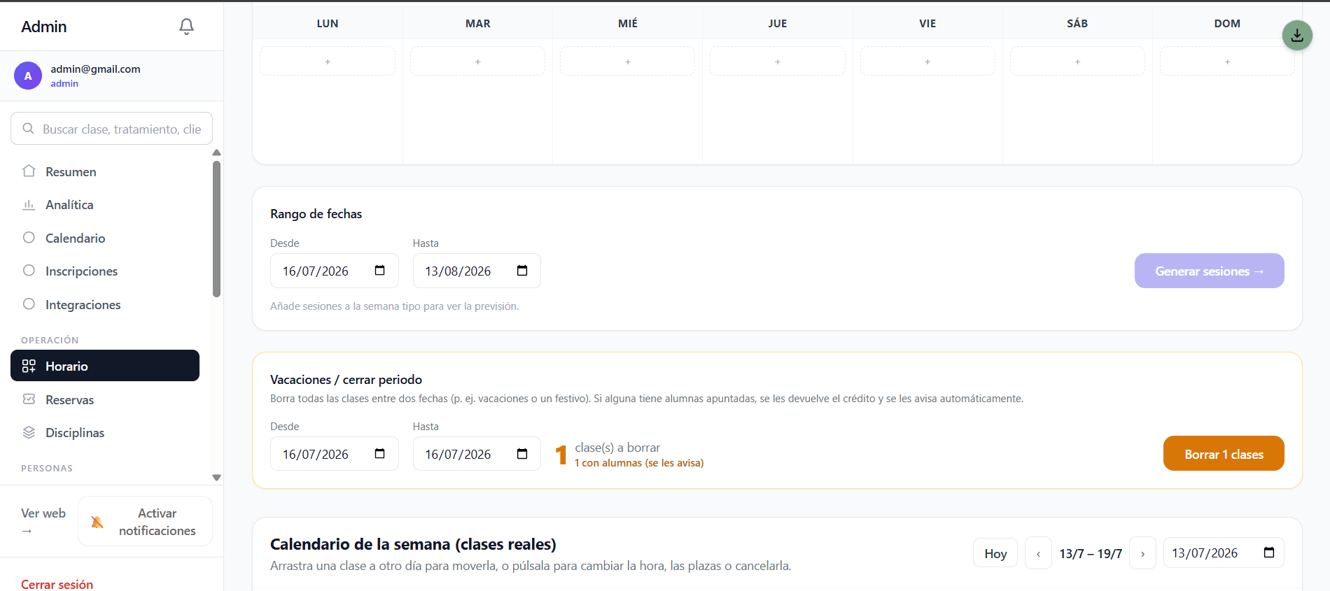 Generador de horario semanal con rango de fechas y cierre por vacaciones
