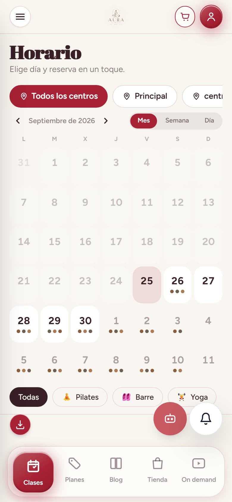 Horario y reservas en la app