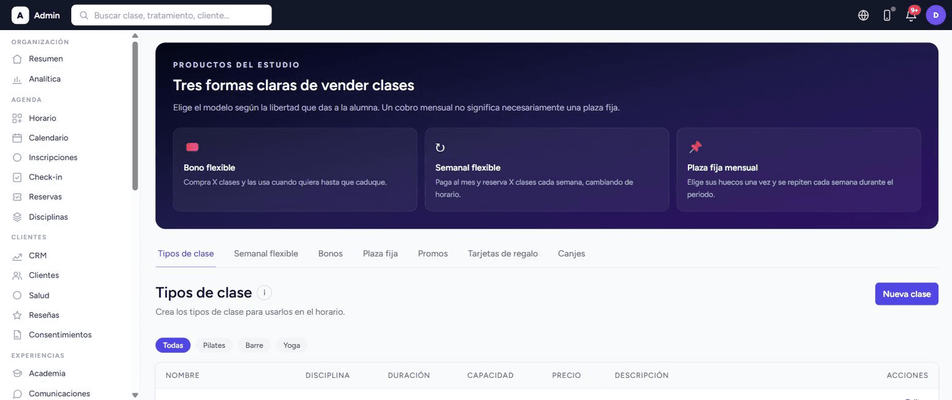 Catálogo de bonos y productos de un estudio con sus precios