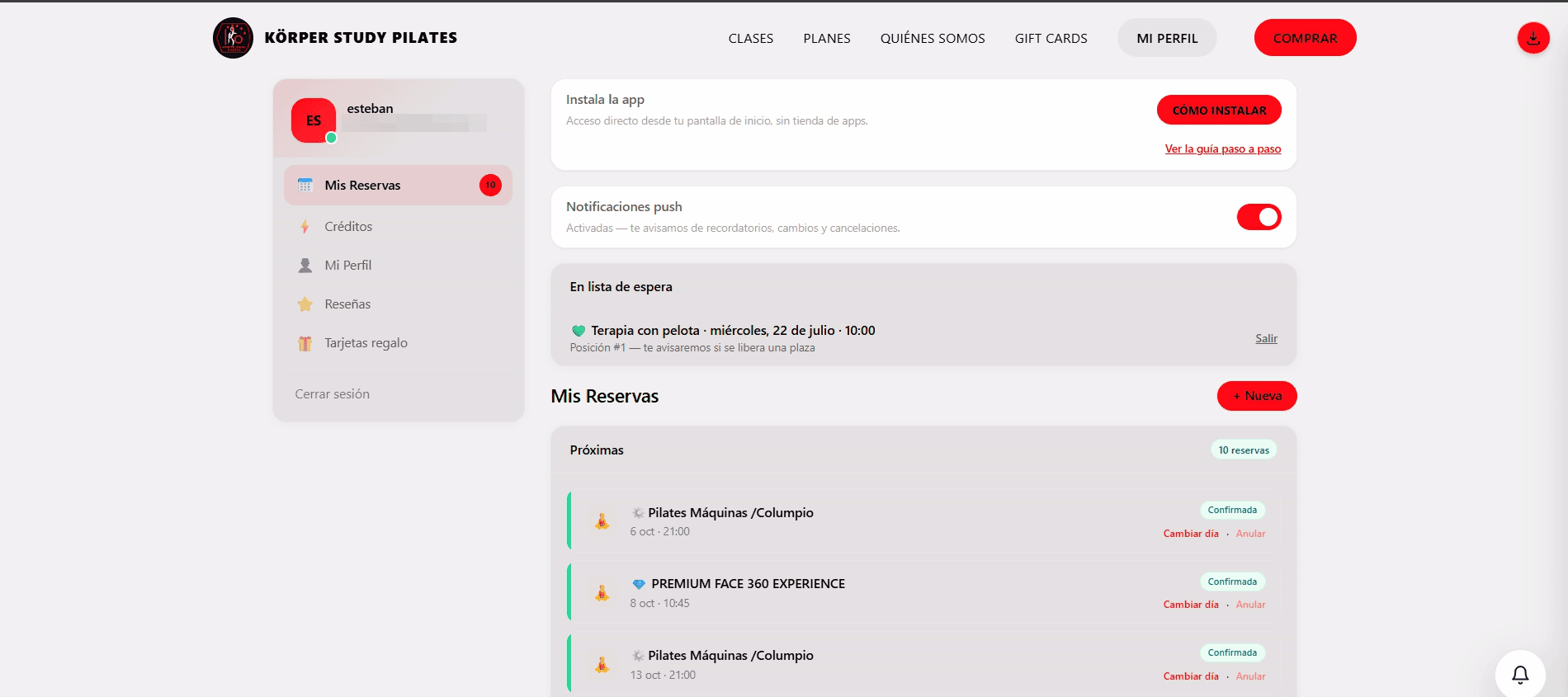 Aviso de plaza libre por lista de espera y notificación push