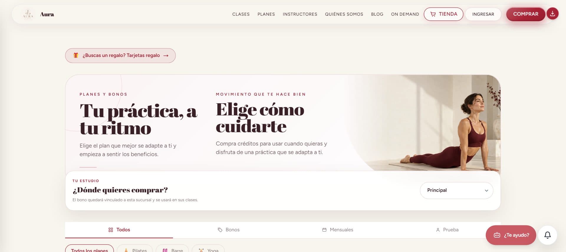 Tarifas de un estudio de Pilates con cuotas mensuales y bonos para pagar online