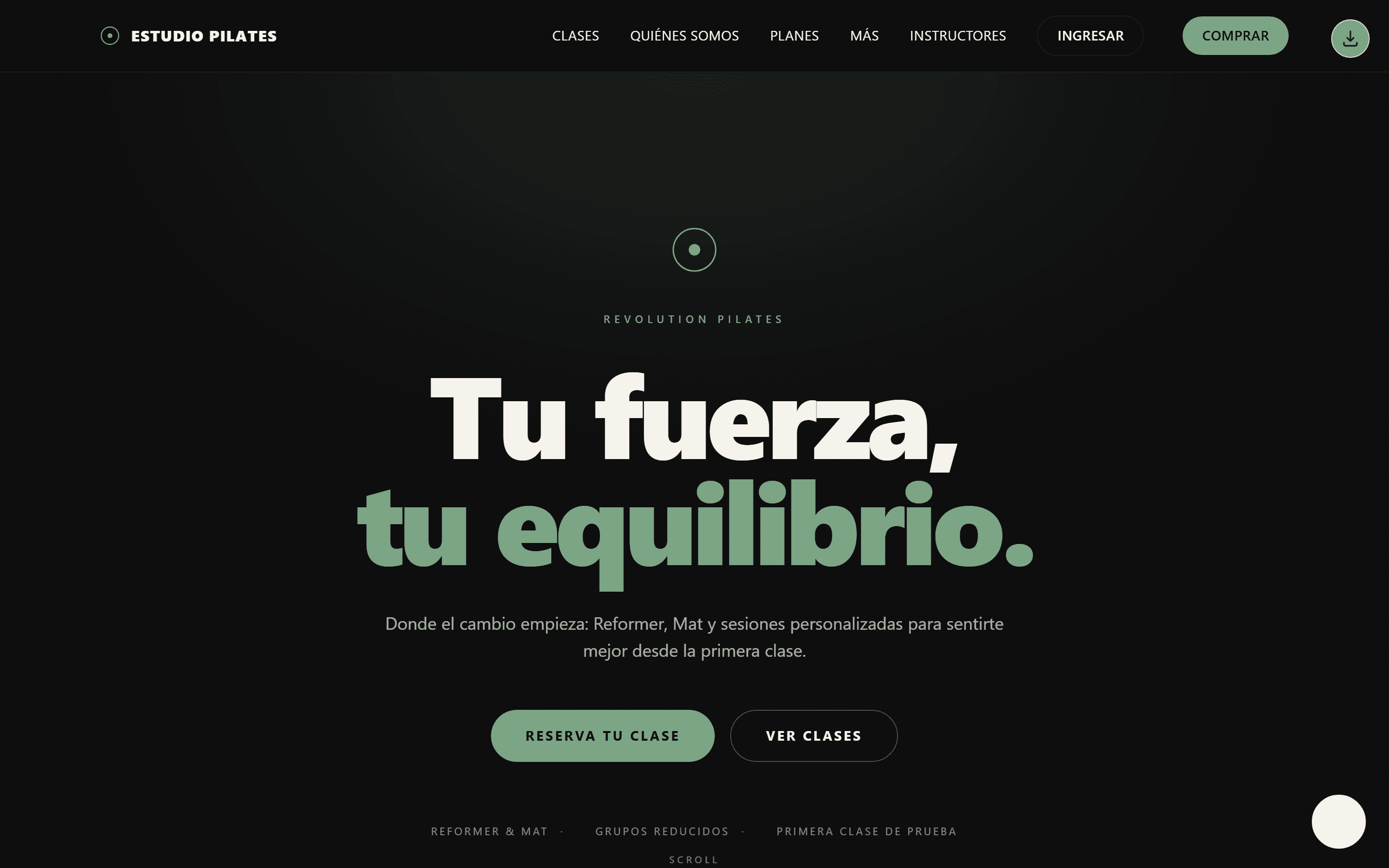 Landing del sistema de Pilates con hero "Tu fuerza, tu equilibrio"